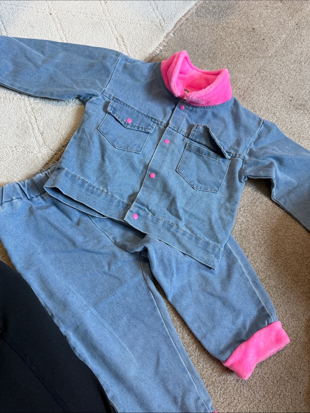 Kids Denim-Style Jacket & Pants Set with Pink Trim